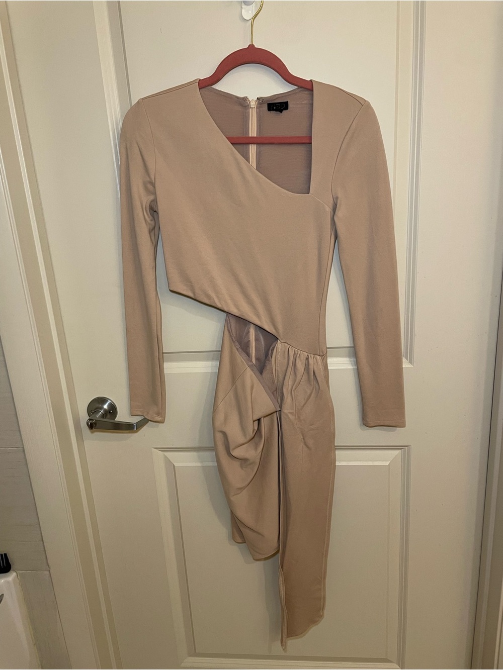 NBD Beige Asymmetrical Cutout Draped Long-Sleeve Dress